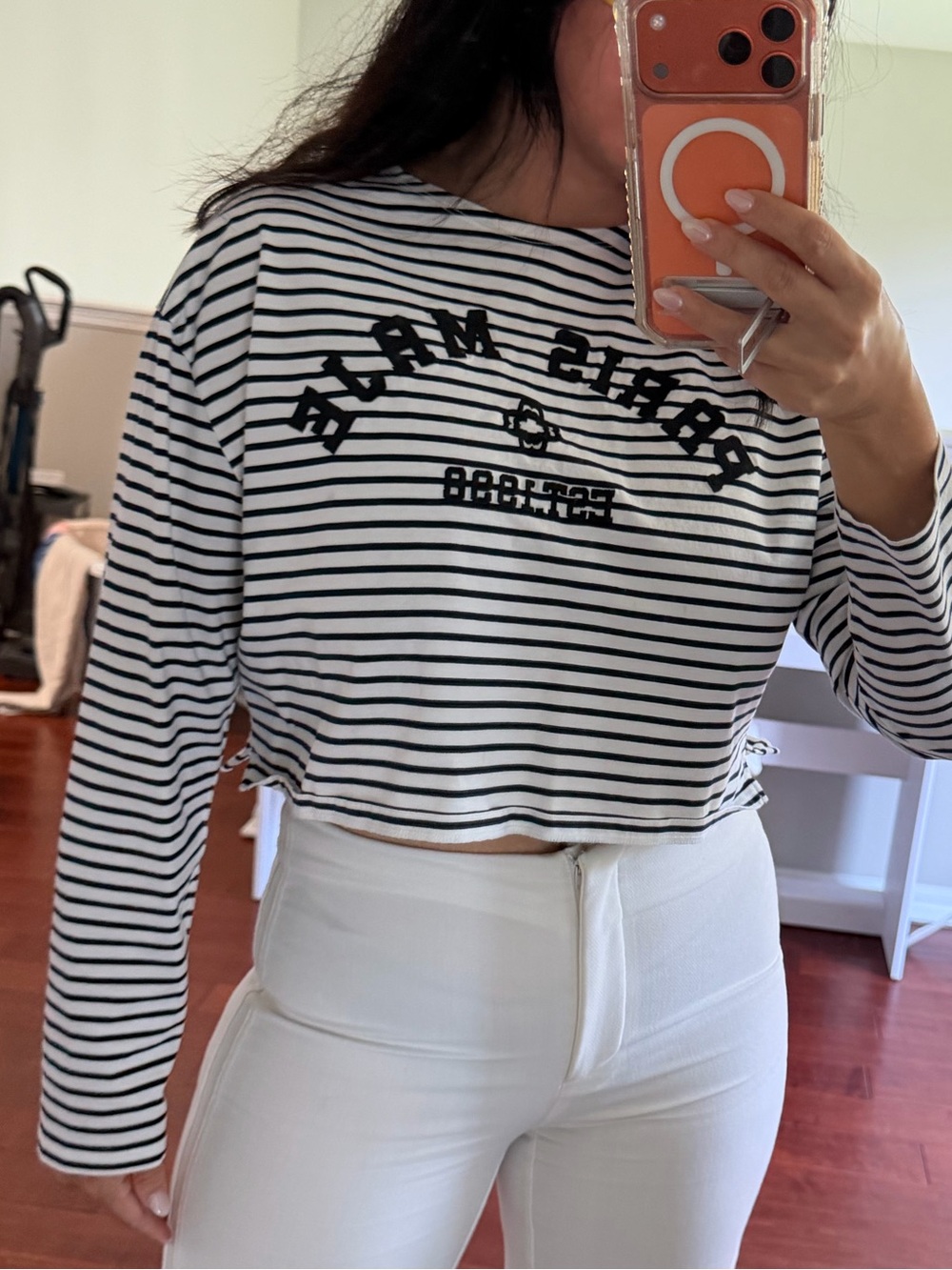 Sandro Black & White Striped Cropped Long-Sleeve Top